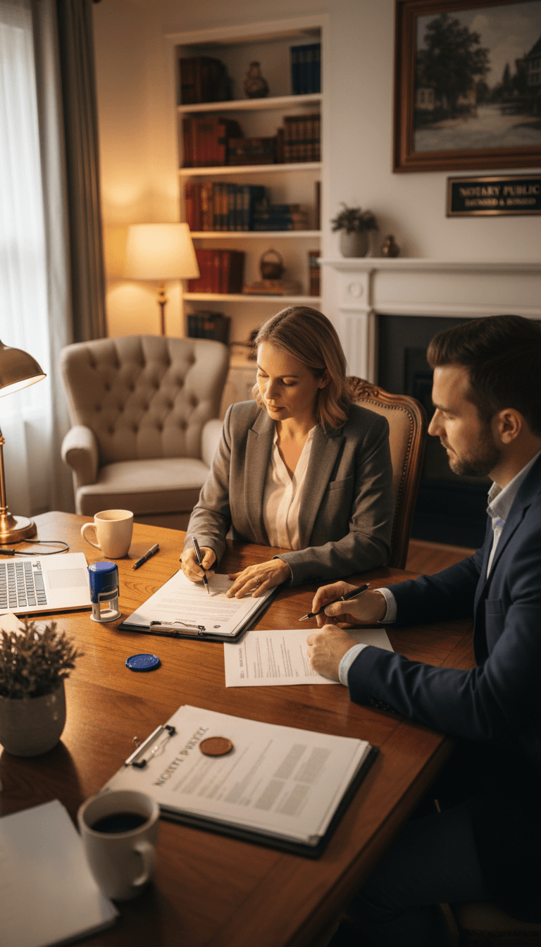 Notary meeting with client at a home office table with documents