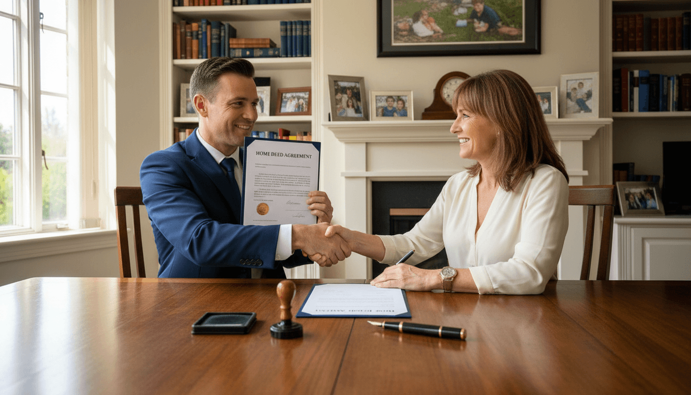 Notary public with client signing documents at a home table