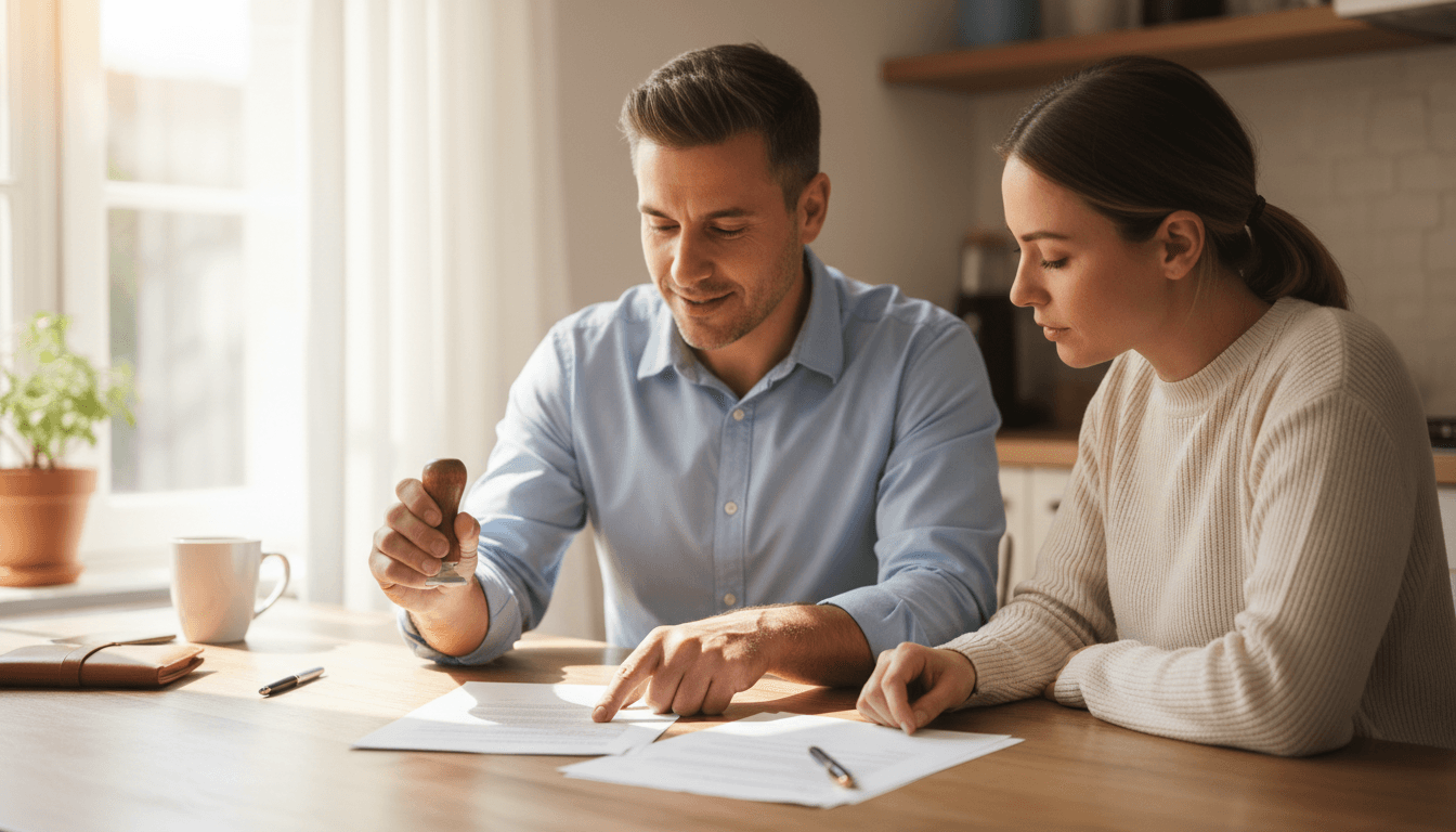 Mobile notary public reviewing documents with a client at home