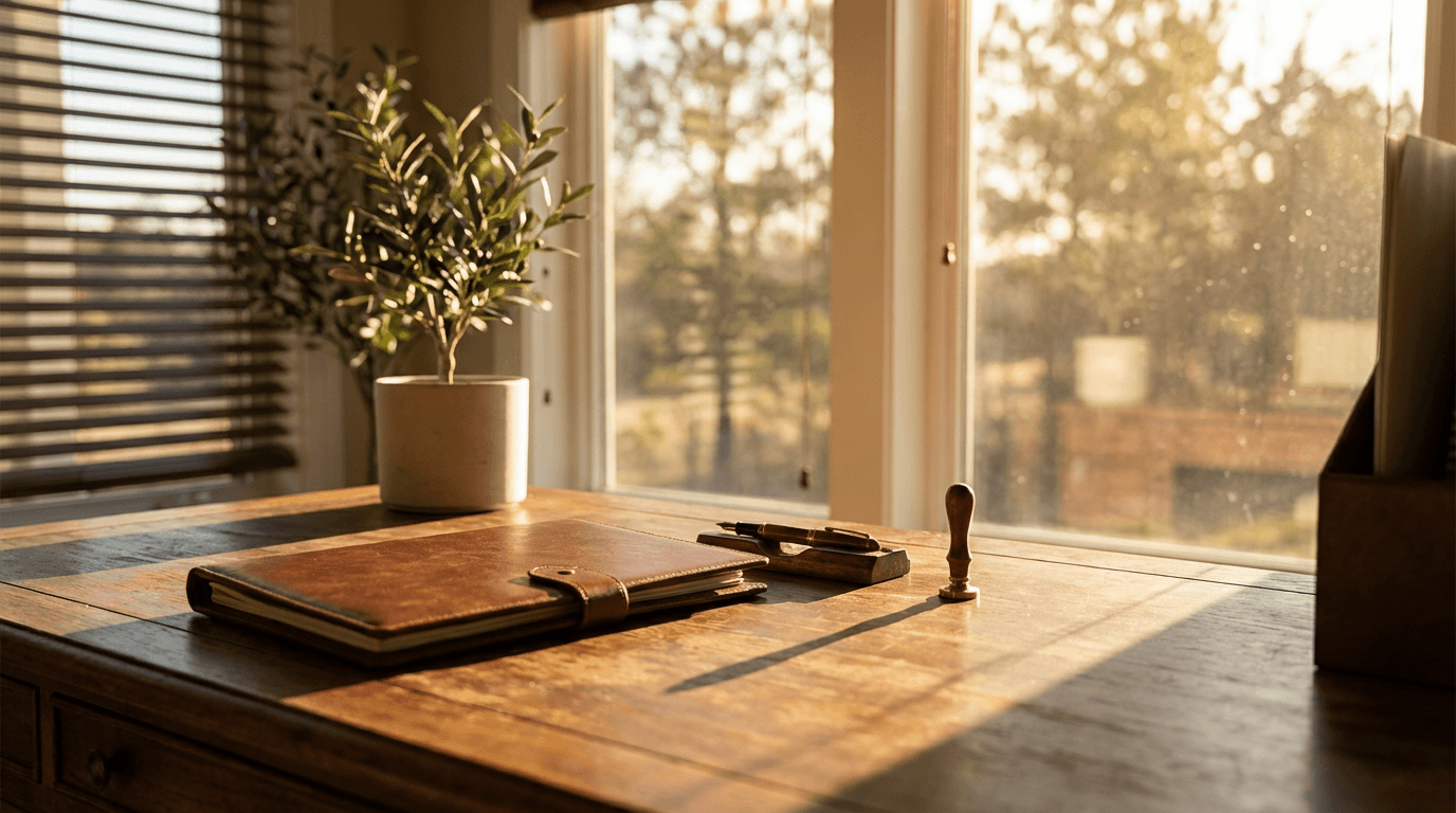 Notary stamping a document on a wooden table with a pen beside it