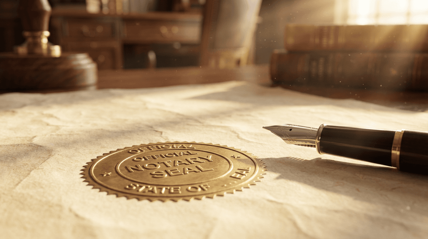 Notary stamping an official document at a table