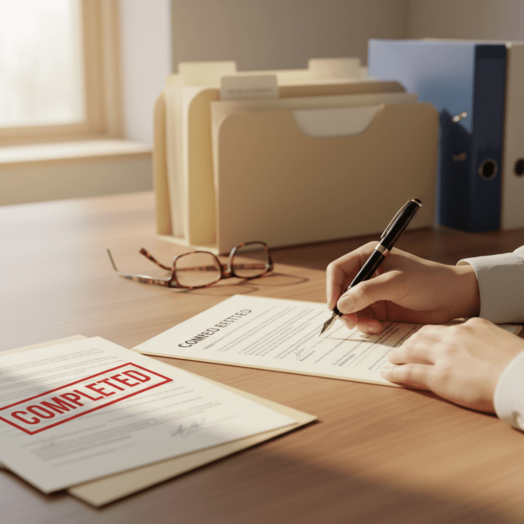 Hands placing a signed divorce document into a manila folder on a wooden table